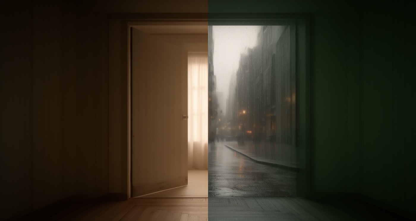 A doorway connecting a quiet interior to a rain-dark street