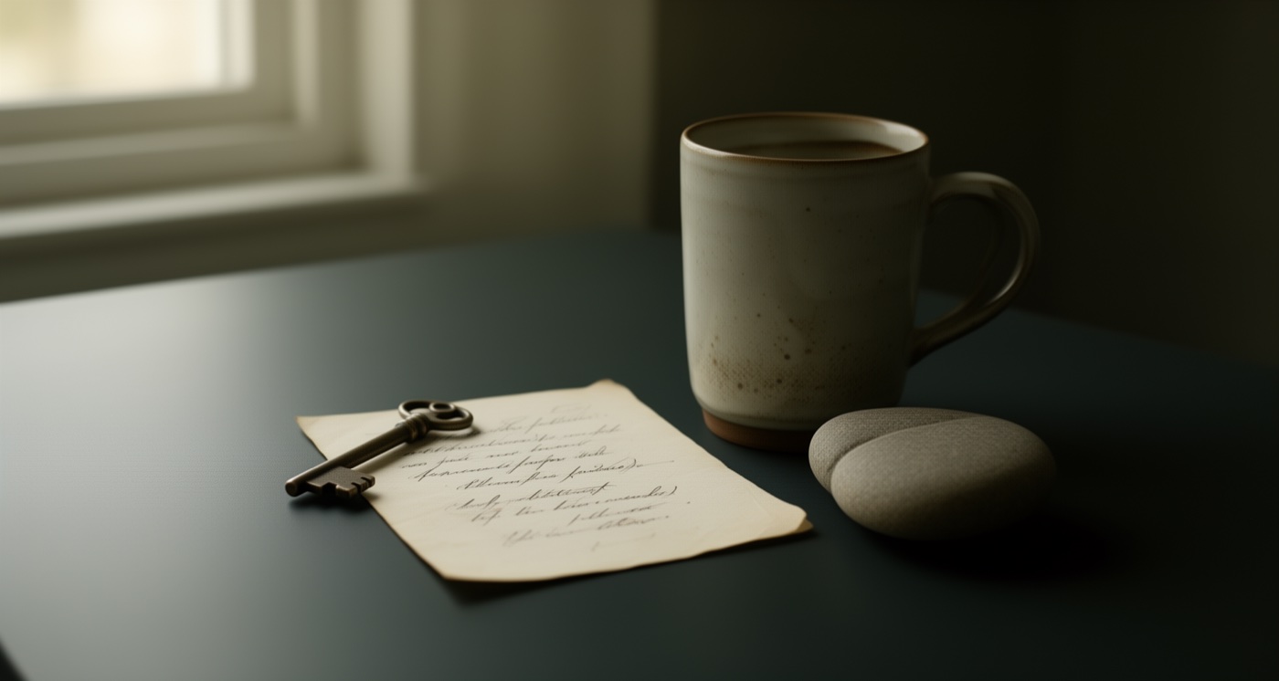 An old key, handwritten letter, stones, and a cup on a dark table