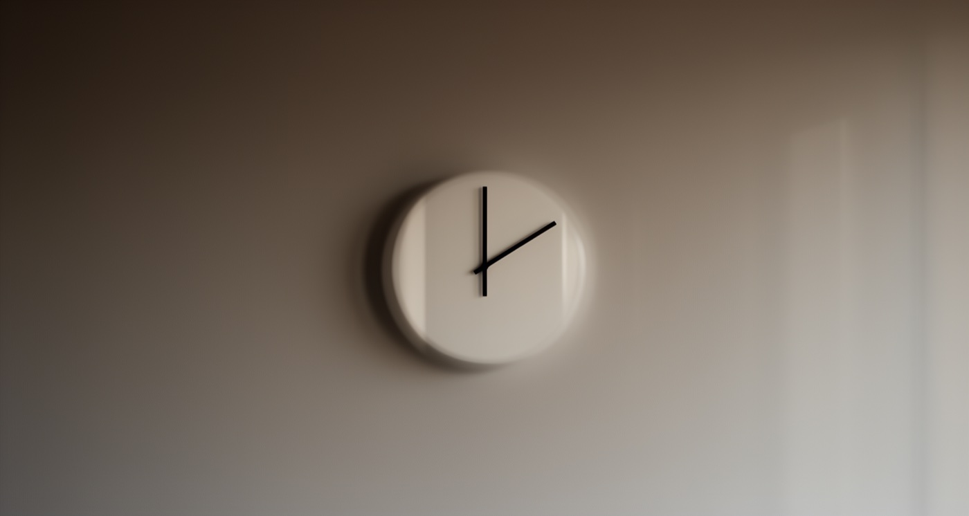 A pale clock face emerging from a field of gray