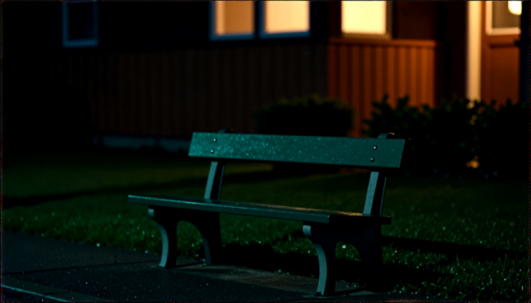 A quiet empty bus stop at dusk beside a wet road and a single unmarked green bench.
