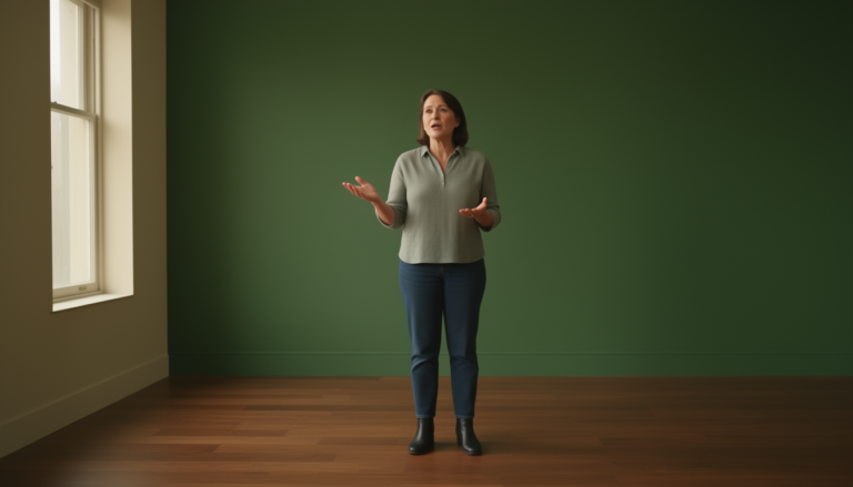 Fully visible adult speaks calmly with one open hand in a quiet uncluttered room.
