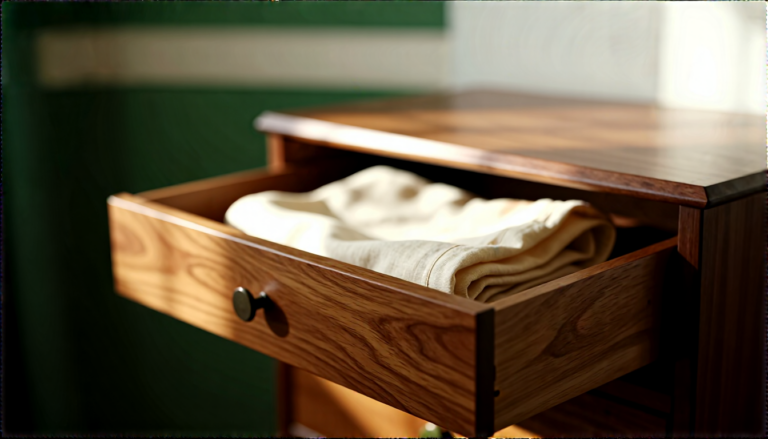 A plain cedar drawer opened beside a folded cream linen scarf in soft morning light.