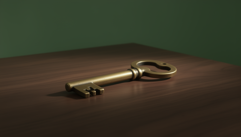 A single old brass key rests on a dark walnut surface in soft side light.