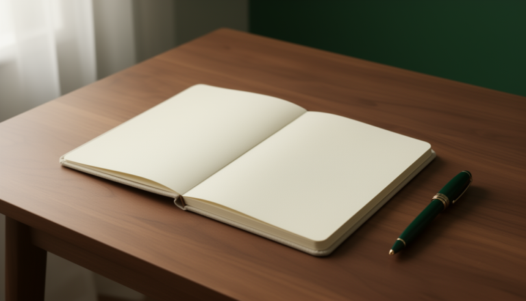 An open cream notebook rests on a walnut table beside a capped fountain pen in morning light.