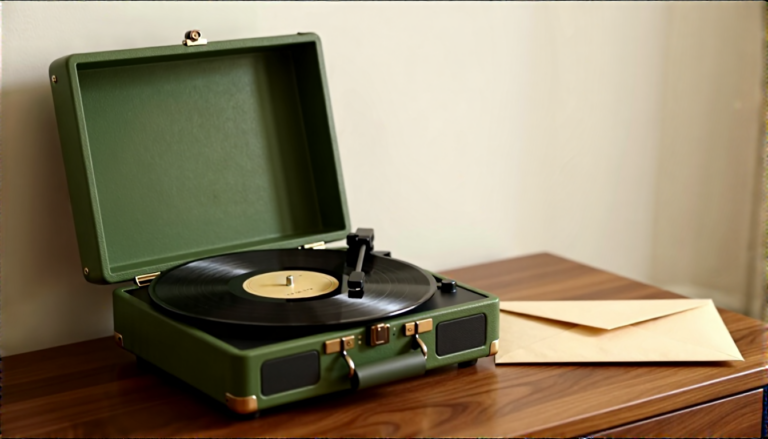 A vintage portable record player beside a closed cream envelope in soft window light.
