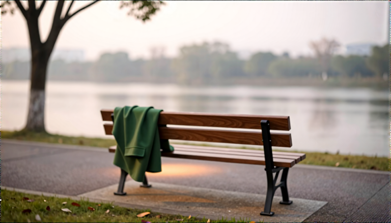 A solitary wooden bench beside a river path at dusk, with a single green coat draped over its back.