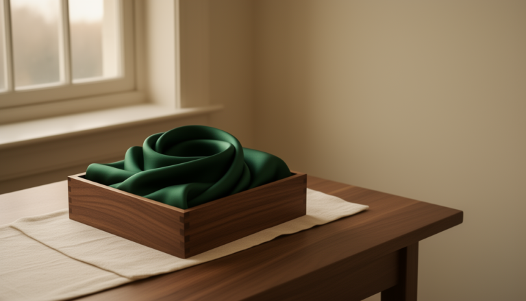 A forest-green silk scarf lies carefully folded in a plain walnut keepsake box on a cream linen cloth.