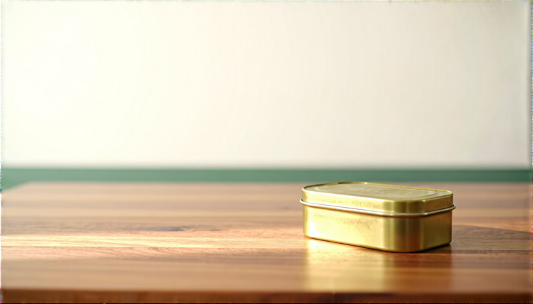 A plain unmarked brass savings tin on a walnut table in soft morning light.