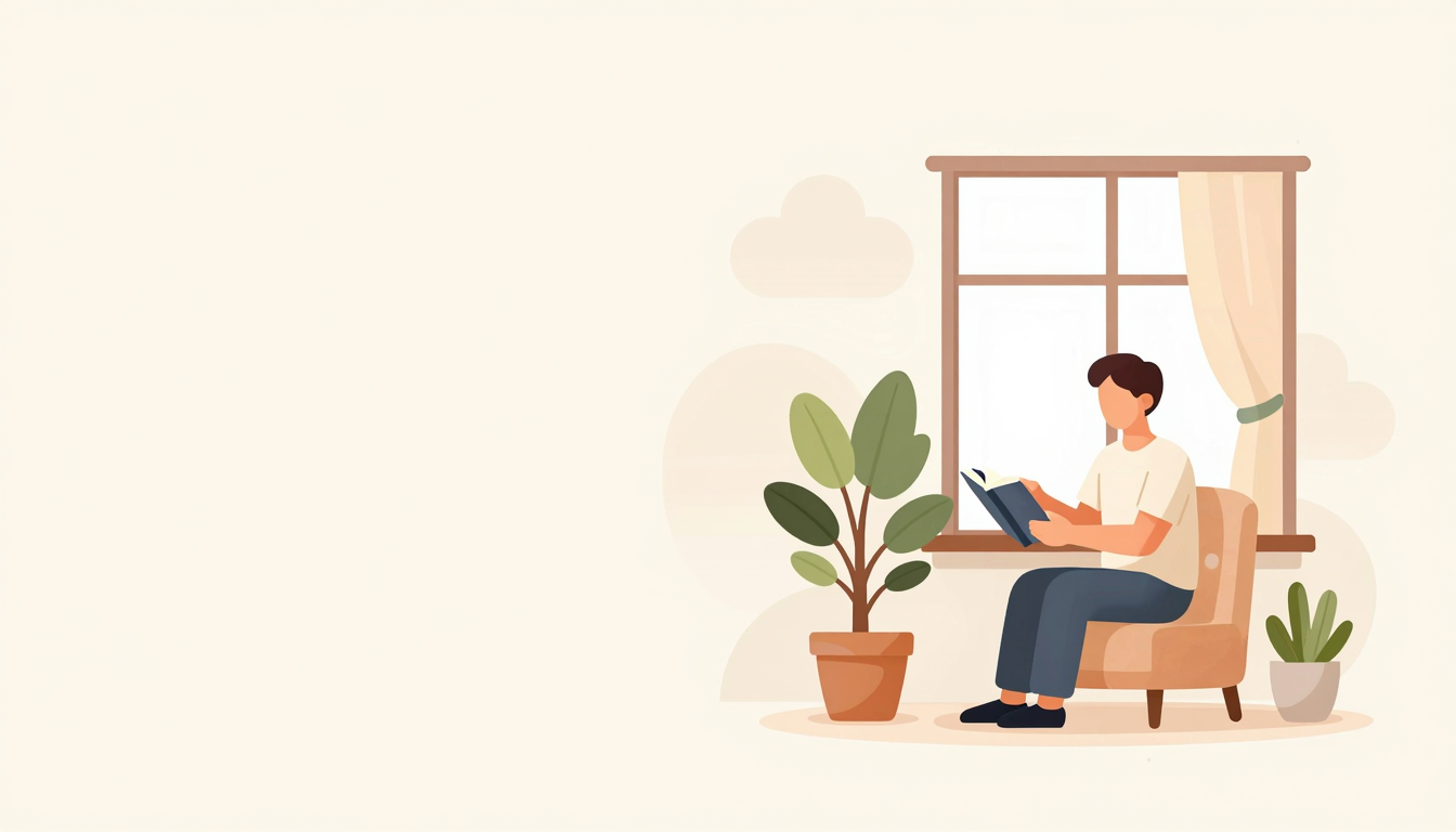 An adult turns toward a plant as abstract memory clouds recede in a calm modern living room.