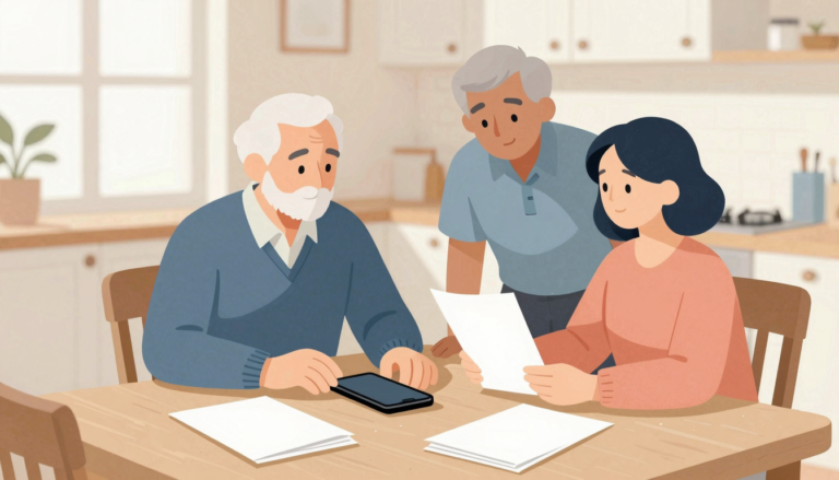 Older adult pauses beside a phone while a supportive relative sits nearby