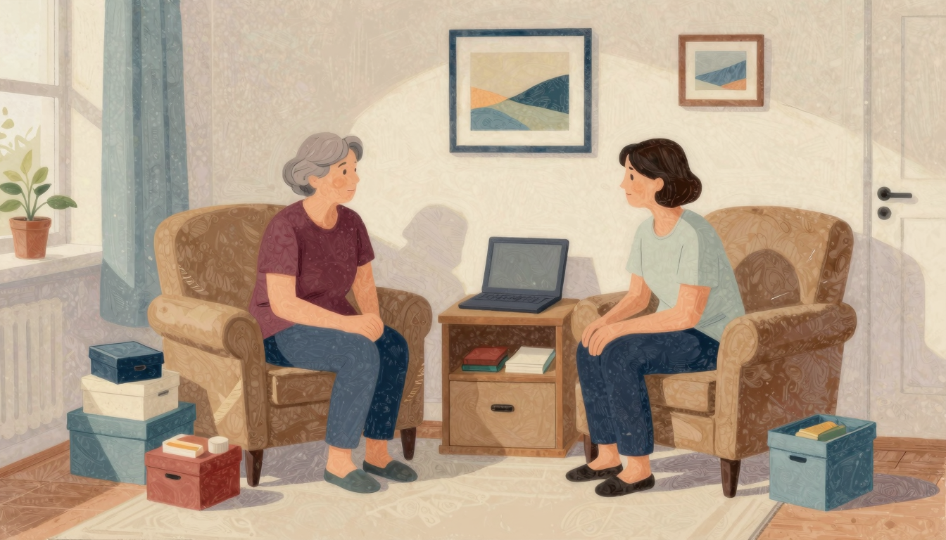 Older woman and relative calmly discussing keepsakes in a warm contemporary apartment