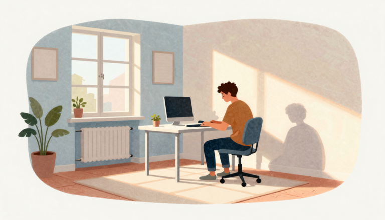 Young adult beginning focused work in a sunlit contemporary apartment