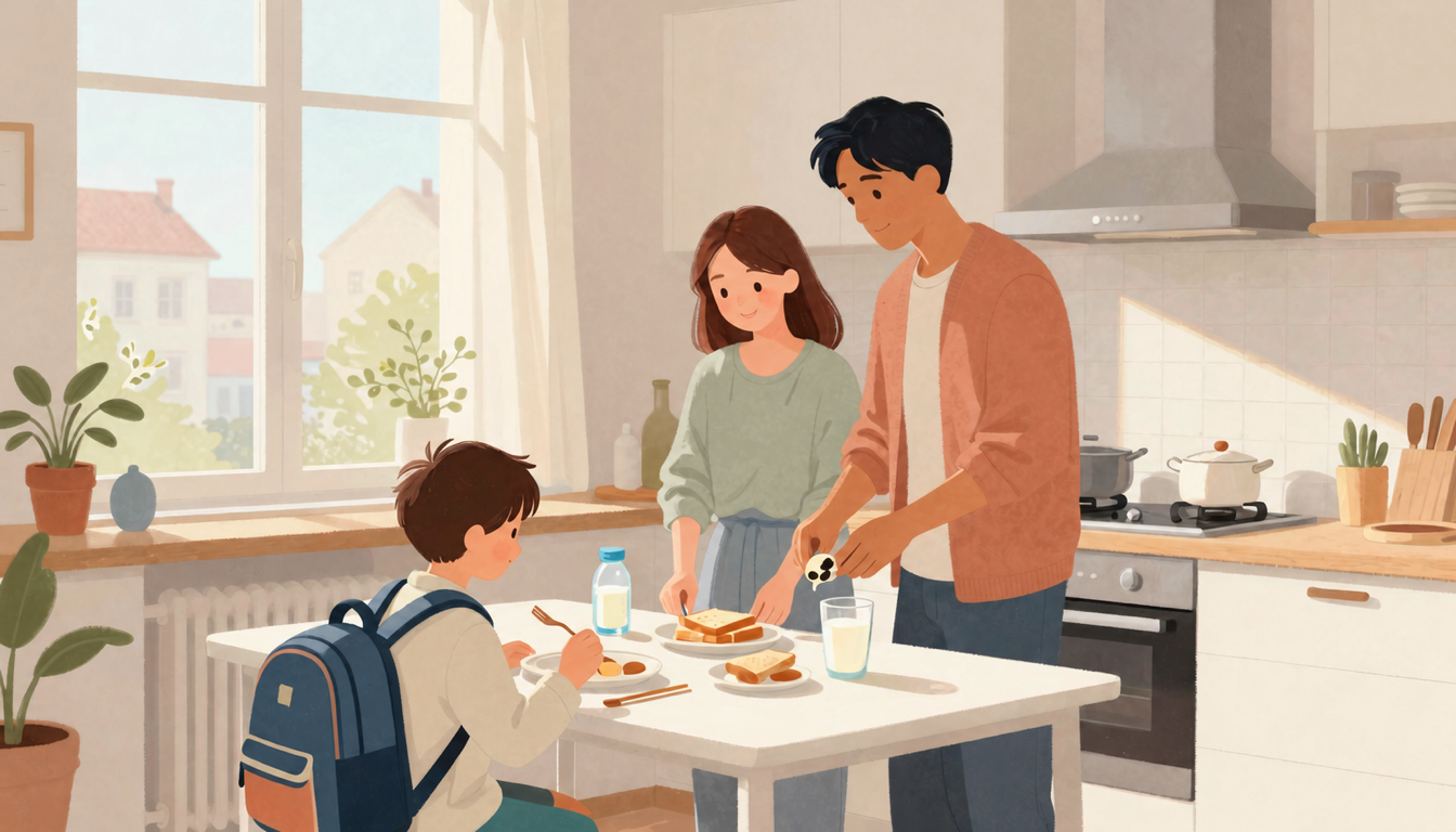 Parent and child share a calm spring morning before leaving for school