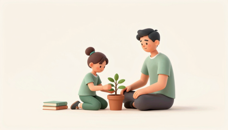 A child tends a small plant while a trusted adult sits nearby in a calm living room.