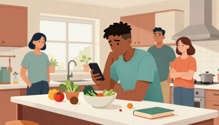 Teenager holding a phone beside unwashed vegetables while concerned parents watch in a modern kitchen