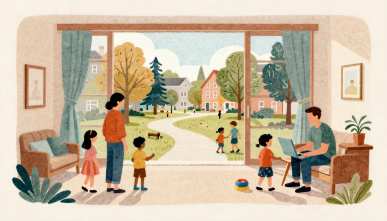 A parent calmly watches as a cautious child approaches play in a neighborhood park.