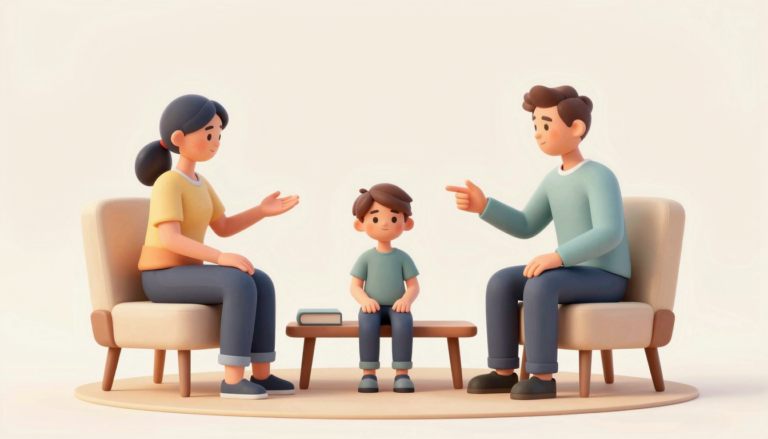 Two parents discuss a disagreement while their child sits apart in a contemporary living room.