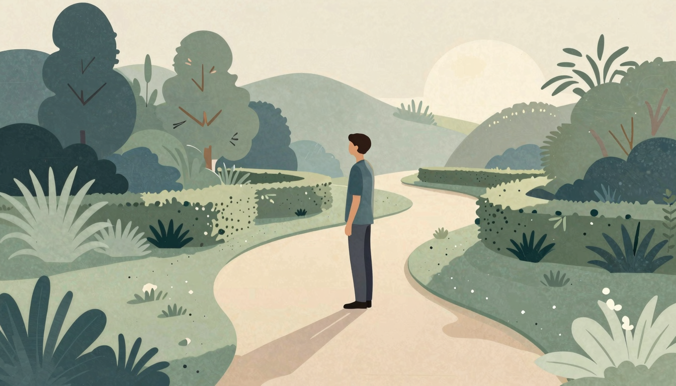 Young adult pauses where several quiet garden paths open toward the morning light