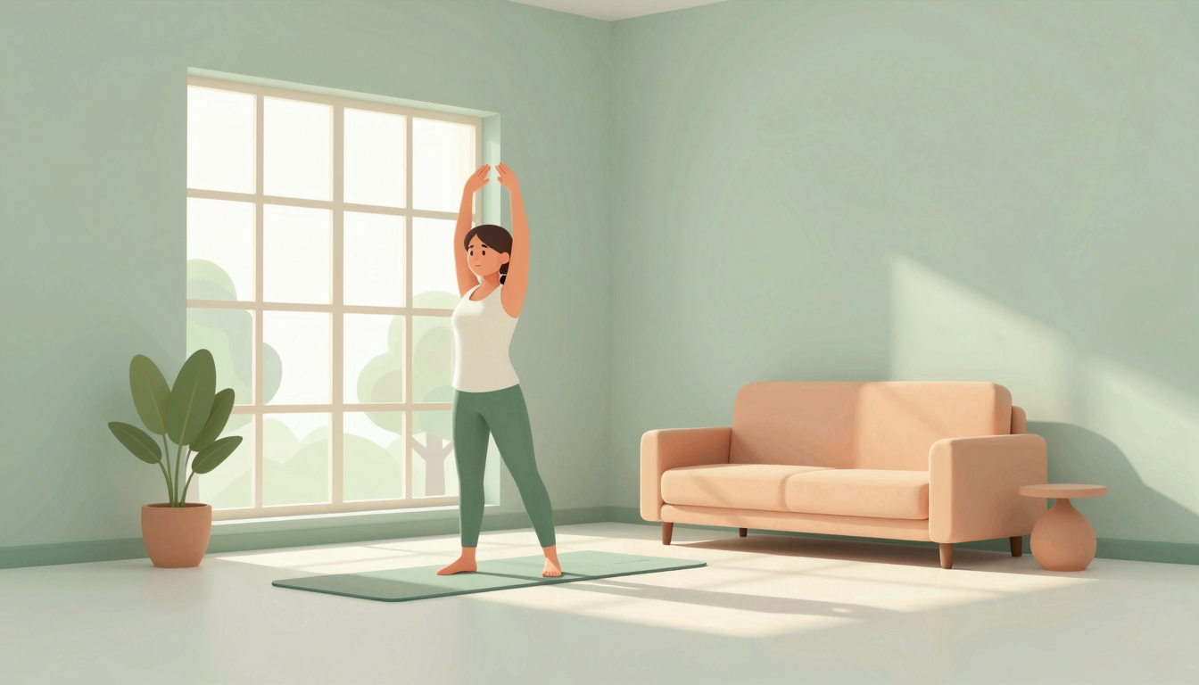 An adult gently stretches on a yoga mat beside a sunlit window overlooking trees.