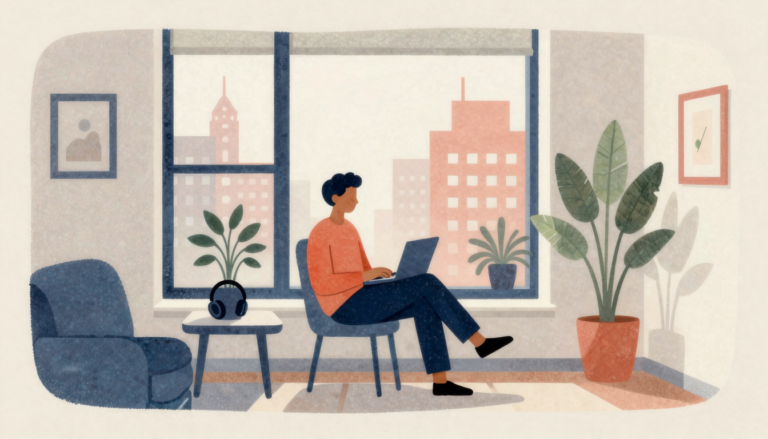 A person decompresses quietly as layered sensory colors settle around them