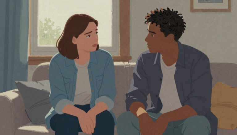 A couple listens carefully to each other after a disagreement in a modern apartment