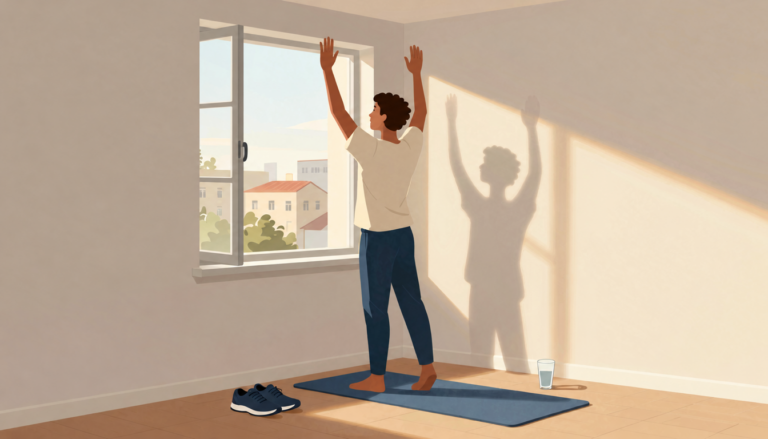 Adult stretching in a calm contemporary apartment after stepping away from concentrated study