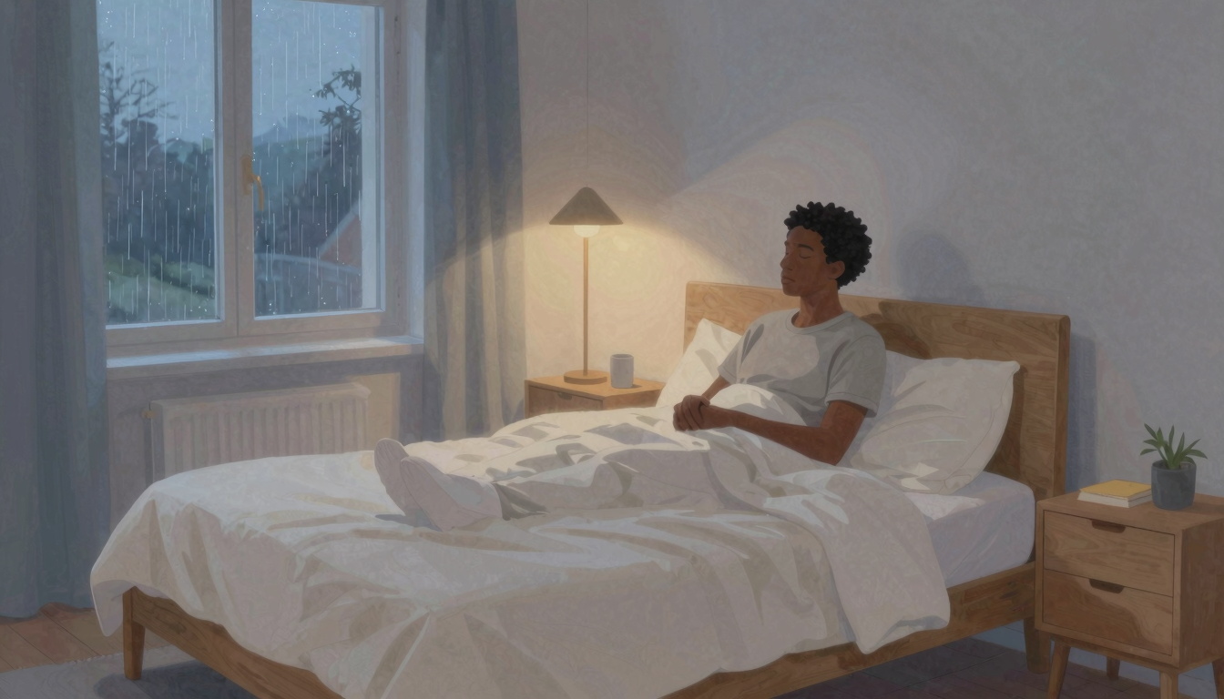 Adult leaves a quiet contemporary bedroom while waiting for sleepiness to return