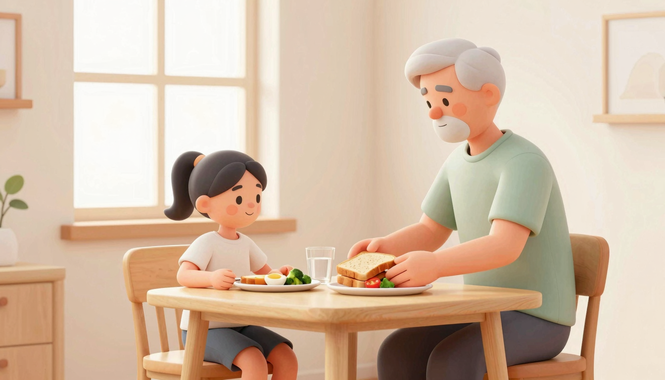 Grandparent serving a simple breakfast to a granddaughter at a sunlit table in a contemporary home.