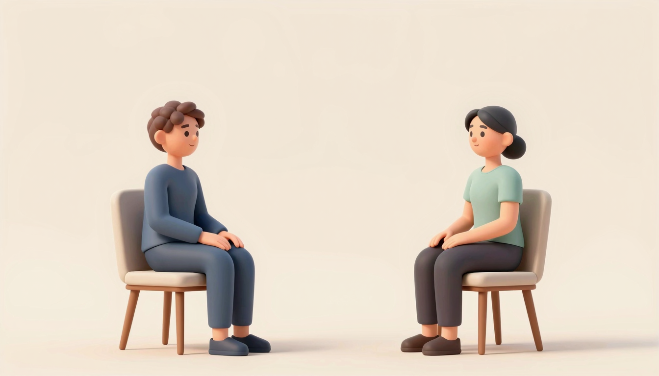 Two women sit apart in a quiet modern lounge, illustrating interpersonal distance during a tentative conversation.
