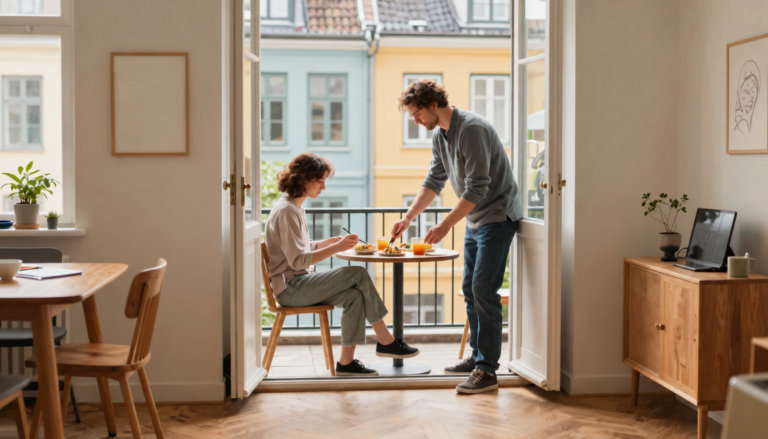 Two adults enjoy an unhurried weekend afternoon in a sunlit contemporary European apartment.
