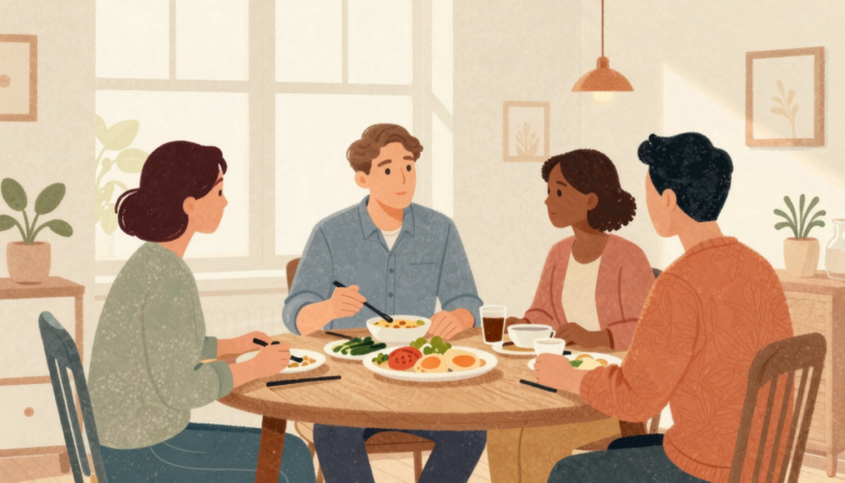 Friends respectfully listen as one person confidently expresses a preference over a shared meal