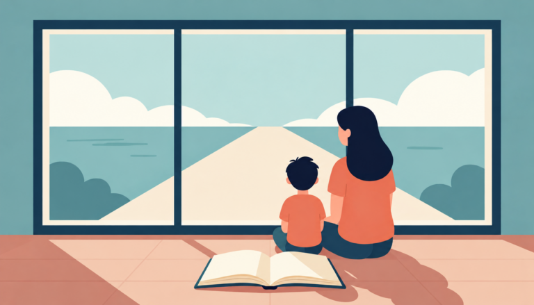 Mother and child contemplate uncertain paths fading into a softly lit horizon