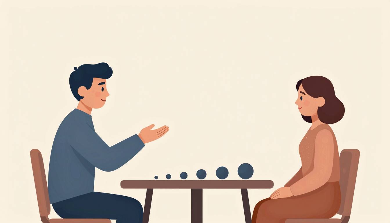 Two adults discuss a request while one pauses, with progressively larger spheres on a plain table.