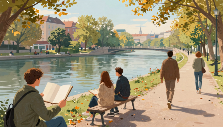 Diverse adults beside a flowing river balancing memories, present companionship, and future direction