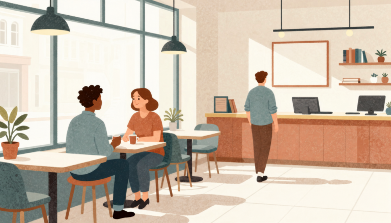 Two coworkers share a friendly conversation while maintaining comfortable personal space in a modern café