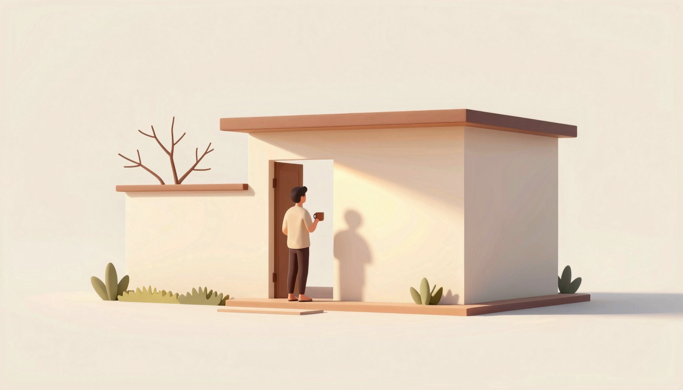 An adult holds a plain mug beside an open courtyard doorway in soft morning sunlight.
