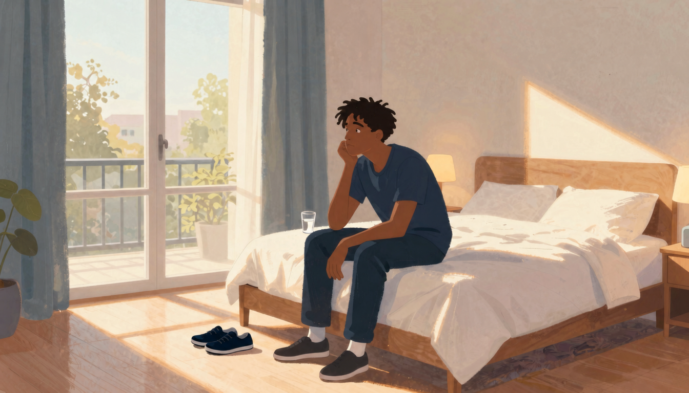 Tired young adult greeting morning sunlight from the edge of a bed