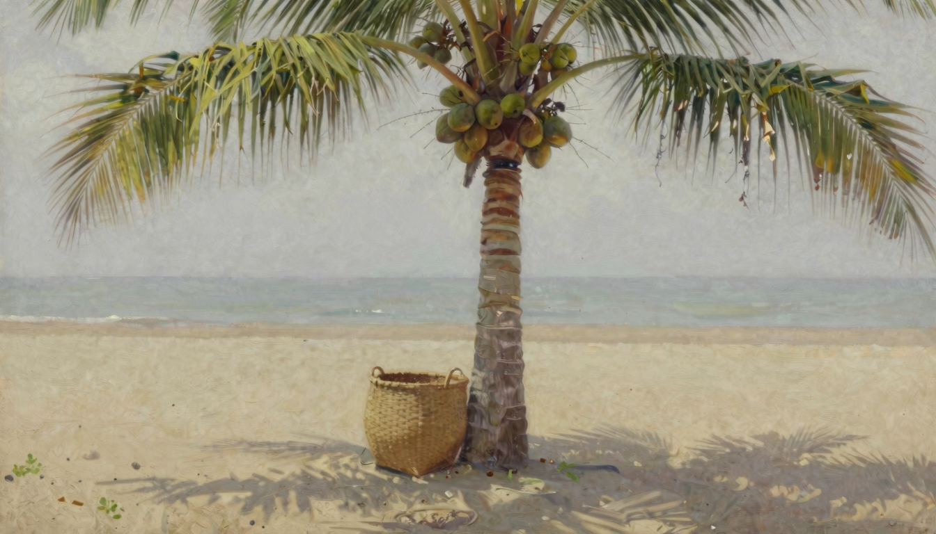 A coconut tree with visible coconuts beside a plain basket on a quiet sandy clearing.