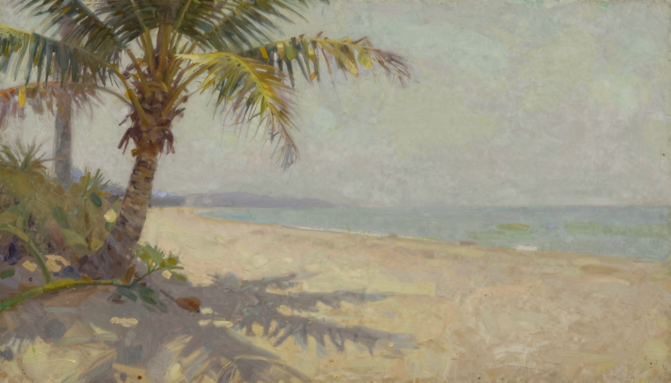A palm tree casting light shade beside an open sandy path near a quiet shore.