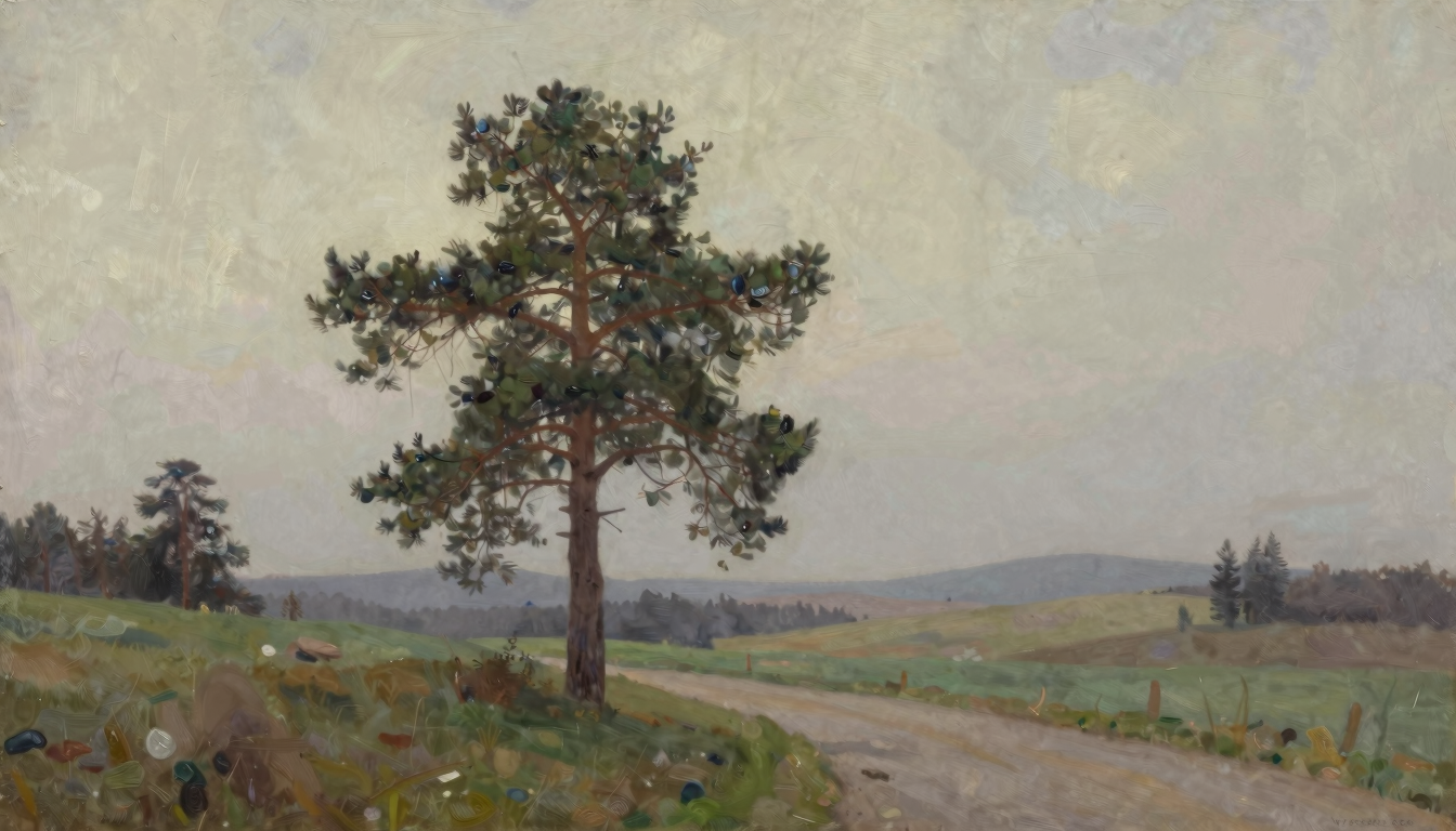 A tall pine tree beside an open path in a quiet clearing with distant hills.