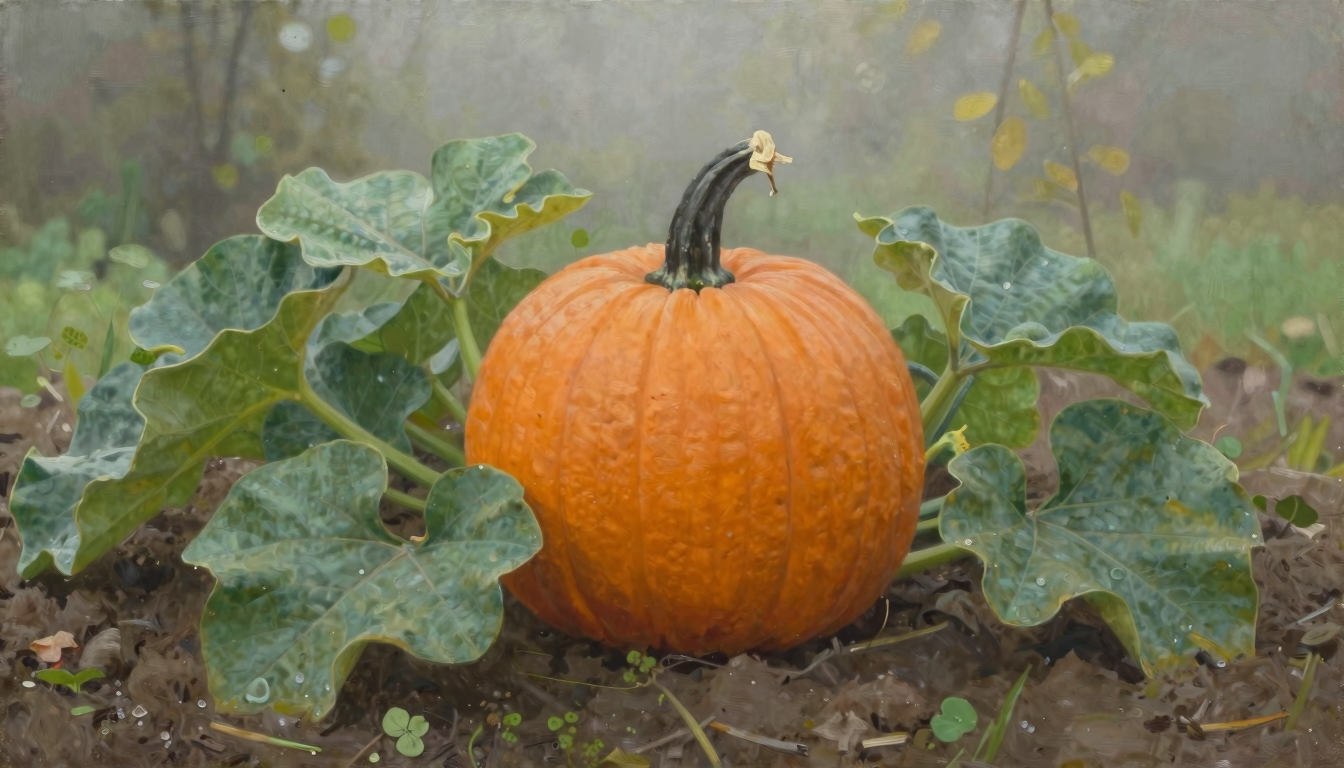 A ripe pumpkin with broad green leaves on a quiet garden soil bed in soft morning light.