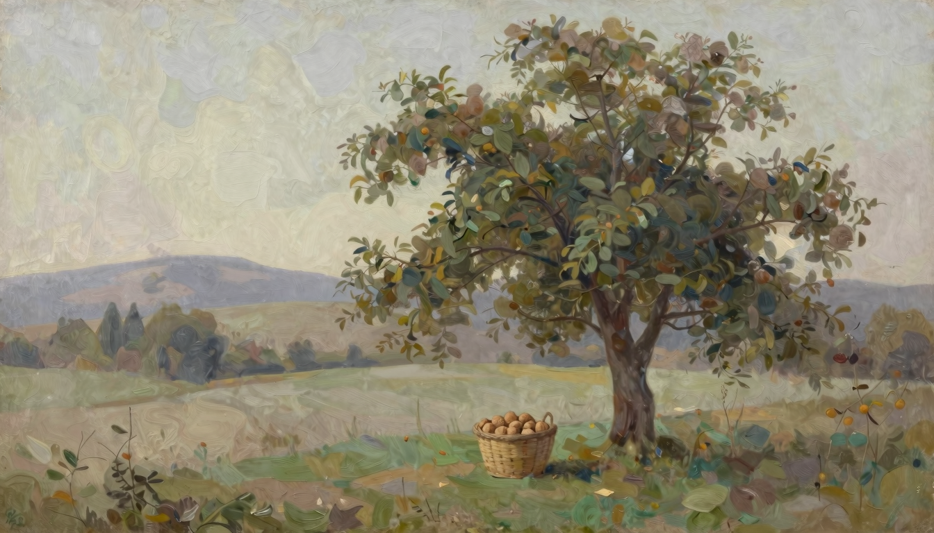 A mature walnut tree beside a modest basket of walnuts in a quiet clearing.