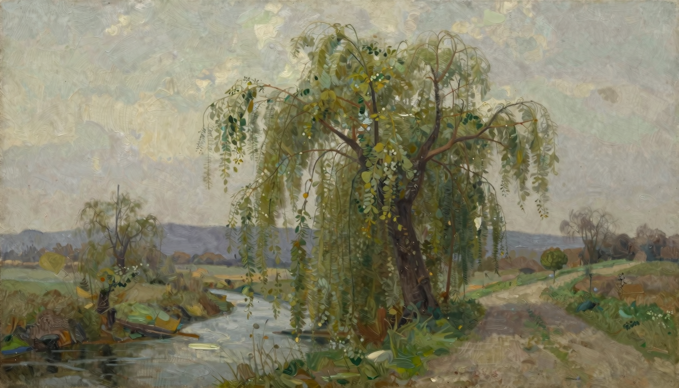 A willow tree with hanging branches beside a quiet stream and an open path.