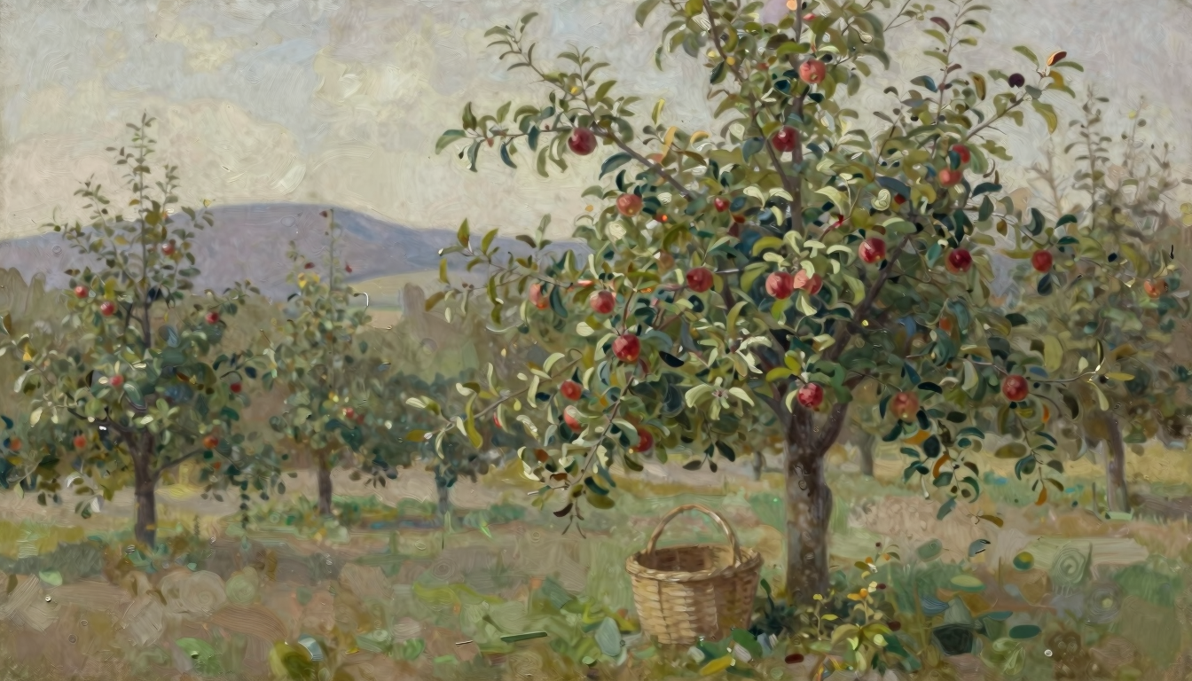 An apple tree with green leaves and red apples beside a plain basket in an open orchard.