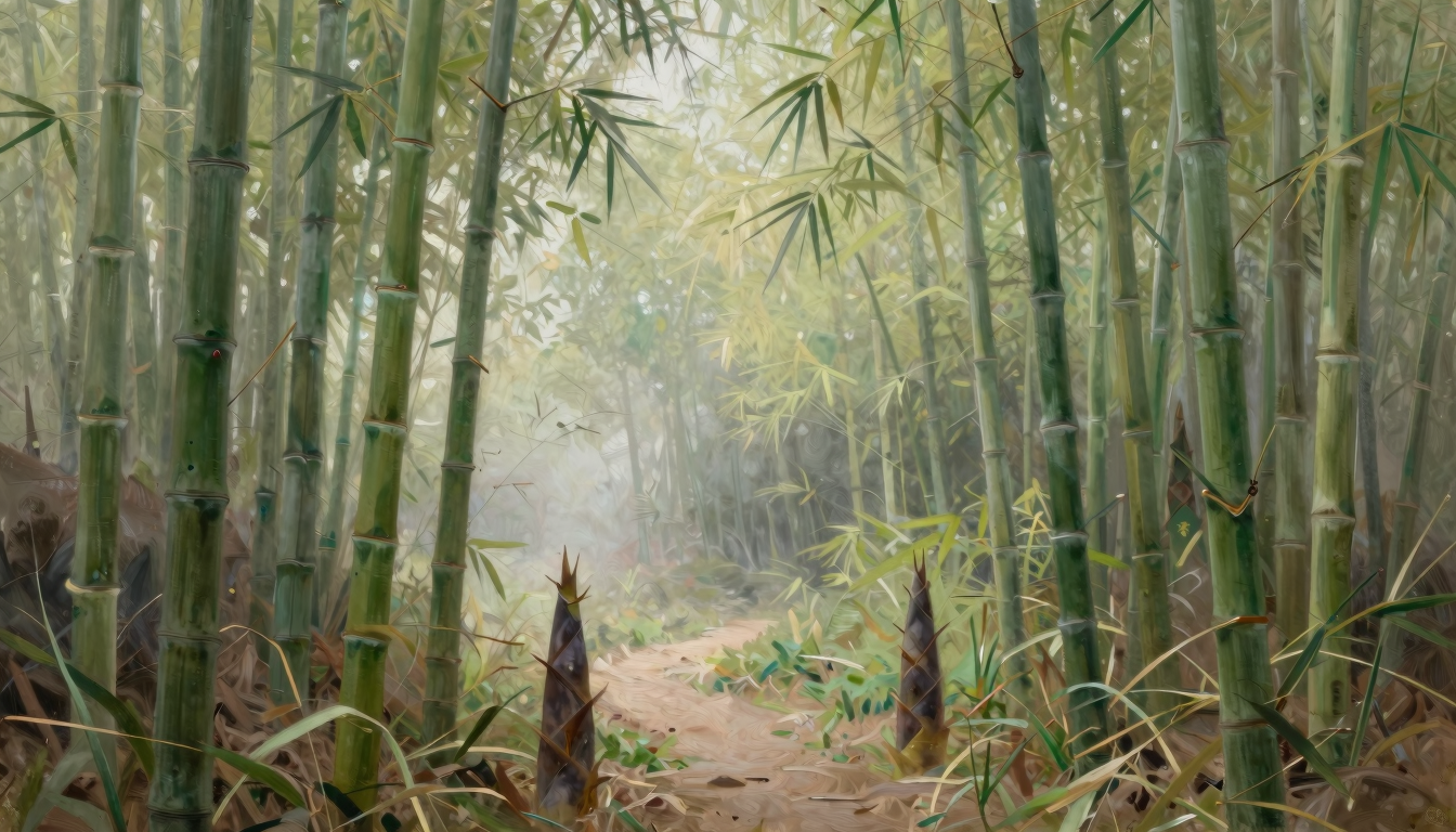 Tall bamboo stems and young shoots beside a quiet path in soft misty morning light.