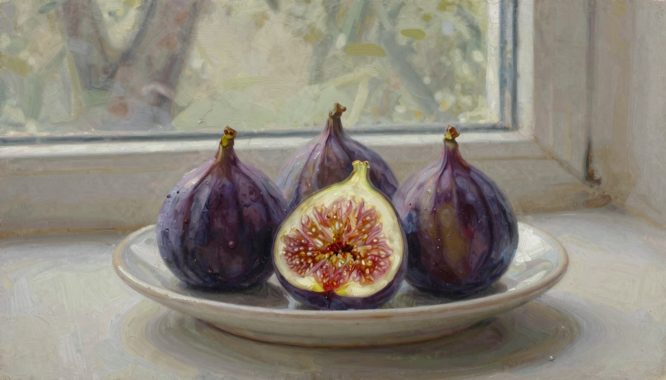 Whole purple figs and one opened fig on a plain ceramic dish beside a window.