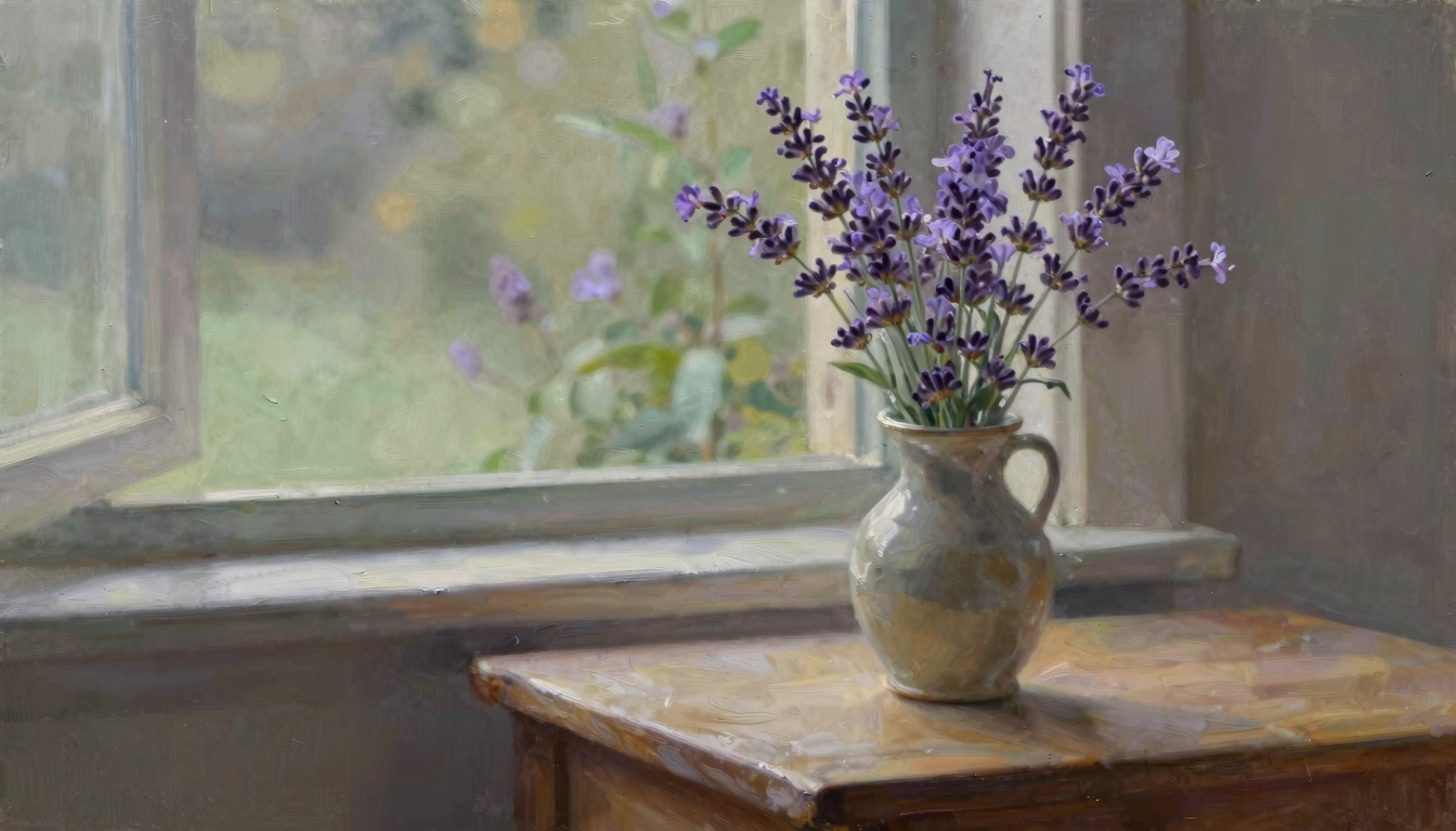 Lavender flowers in a plain ceramic vase beside a quiet window with open space on the table.