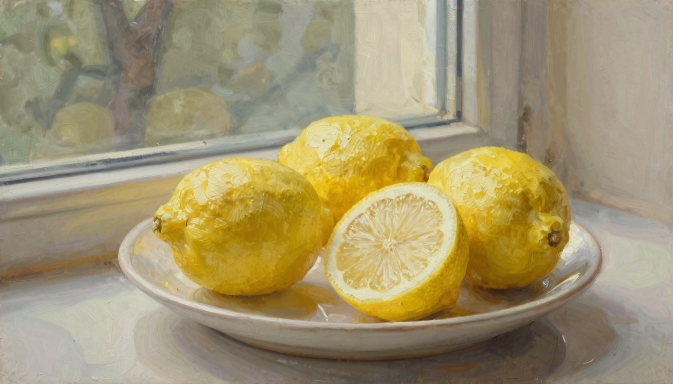Yellow lemons and a cut lemon on a plain ceramic dish beside a quiet window.