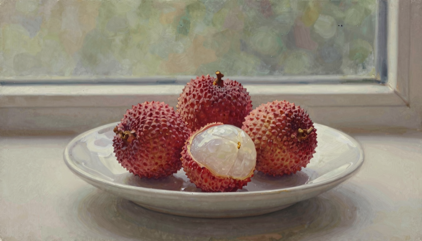 Whole red lychees and a peeled lychee on a plain ceramic dish beside a window.
