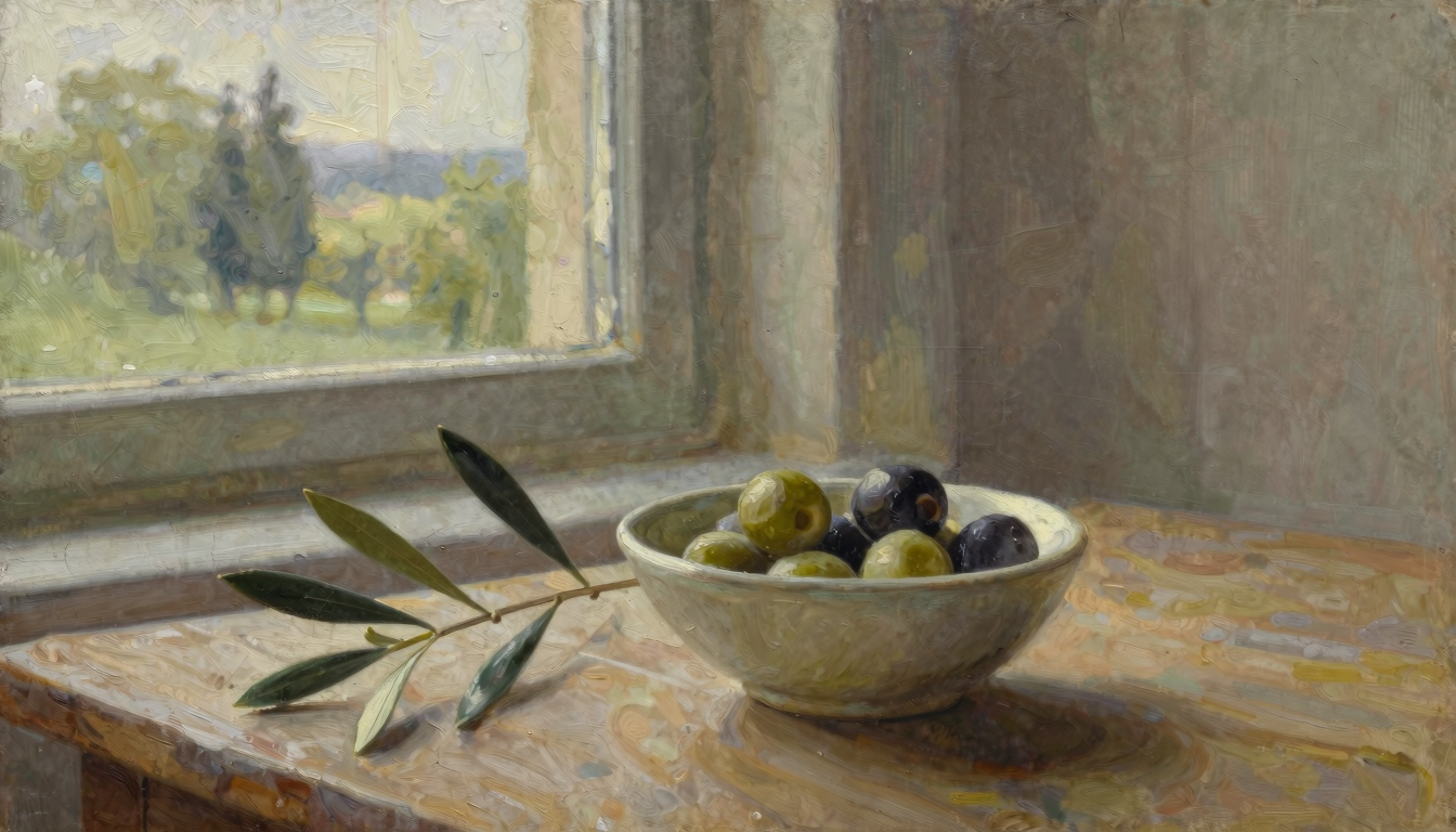 A small bowl of green and black olives beside an olive branch on a plain wooden table.